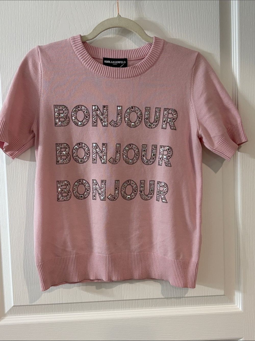 Karl Lagerfeld Pink Sequin 'BONJOUR' Short Sleeve Knit Top